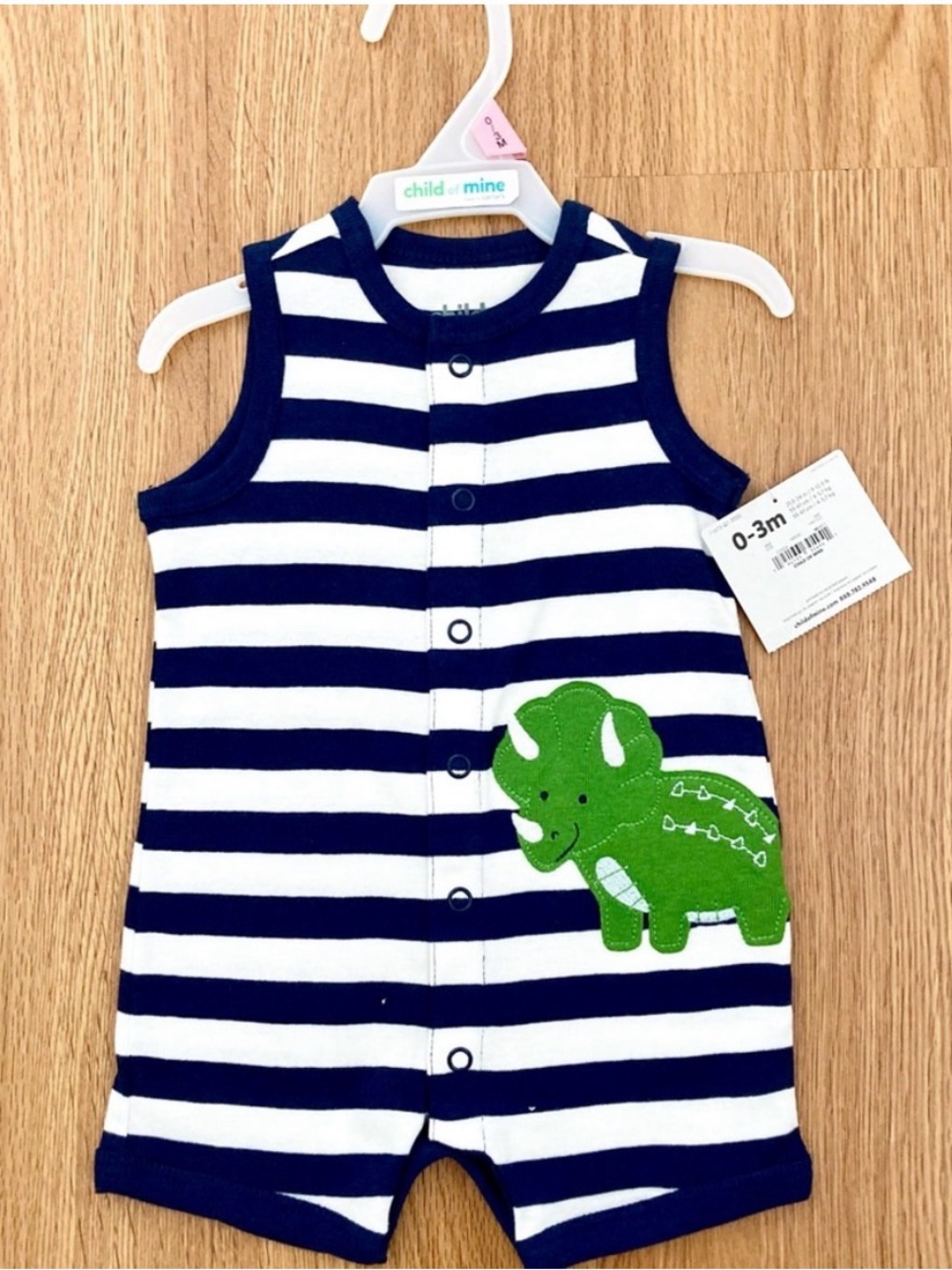 Child of Mine Baby Dinosaur Striped Romper 0-3M Sleeveless Blue White NWT